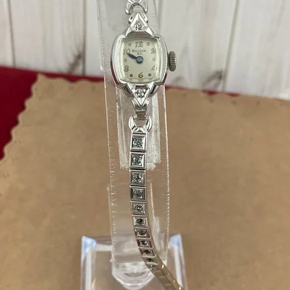 Vintage Bulova Diamond Watch 23 Jewel MVT.10K White Gold Filled Spinel Bracelet - Picture 2 of 7